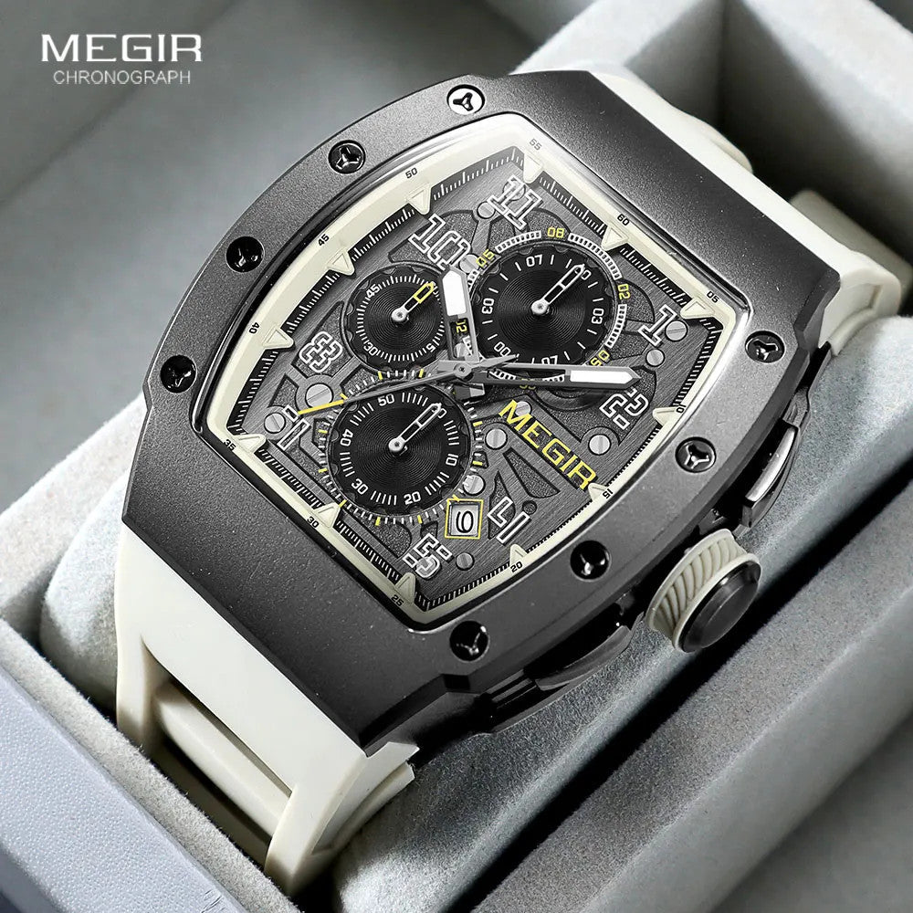 MEGIR chronograph watch close-up showing skeleton dial with yellow accents and cream strap