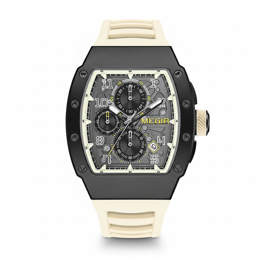 MEGIR chronograph watch with skeleton dial and cream silicone strap front view