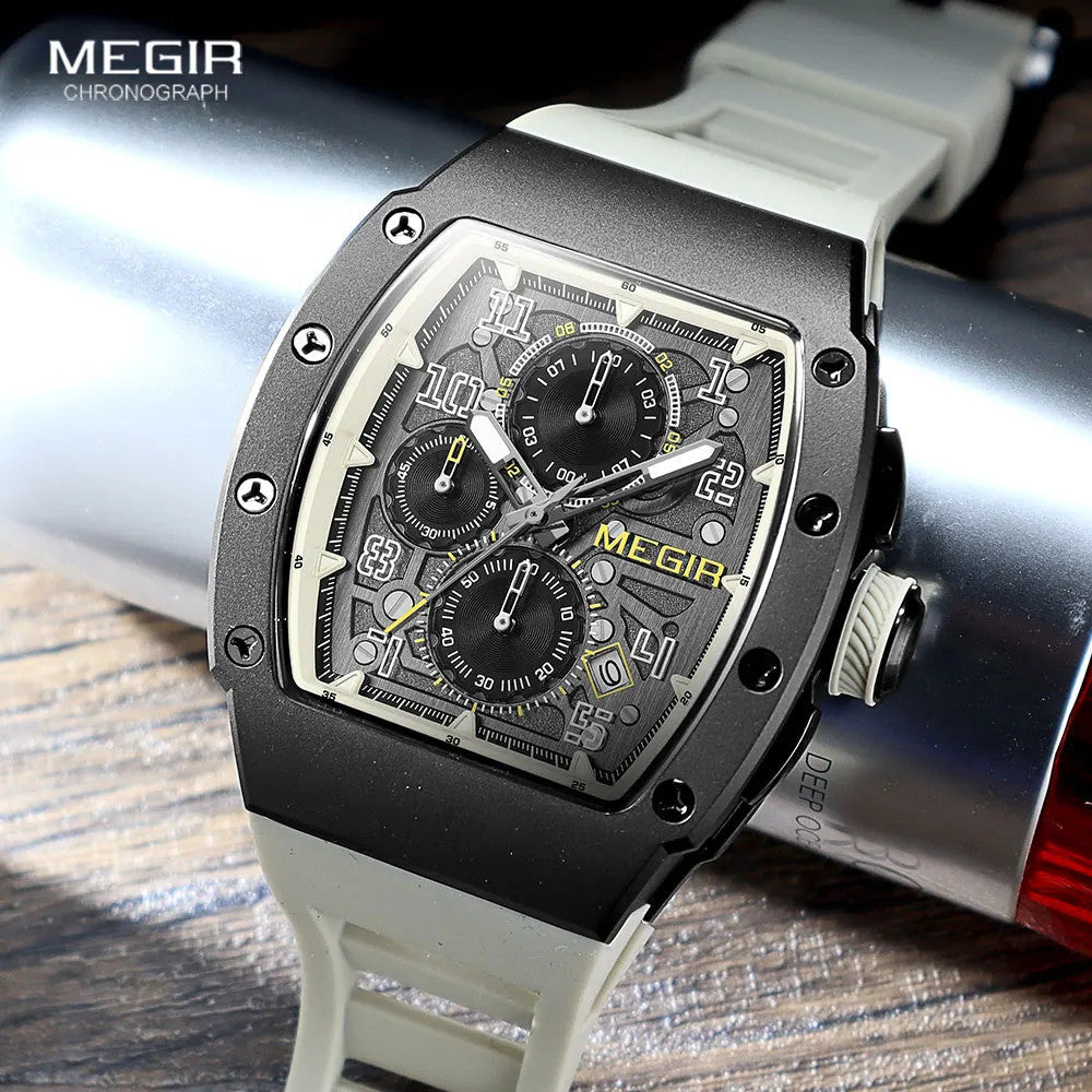 MEGIR chronograph quartz watch with skeleton black dial and grey silicone strap