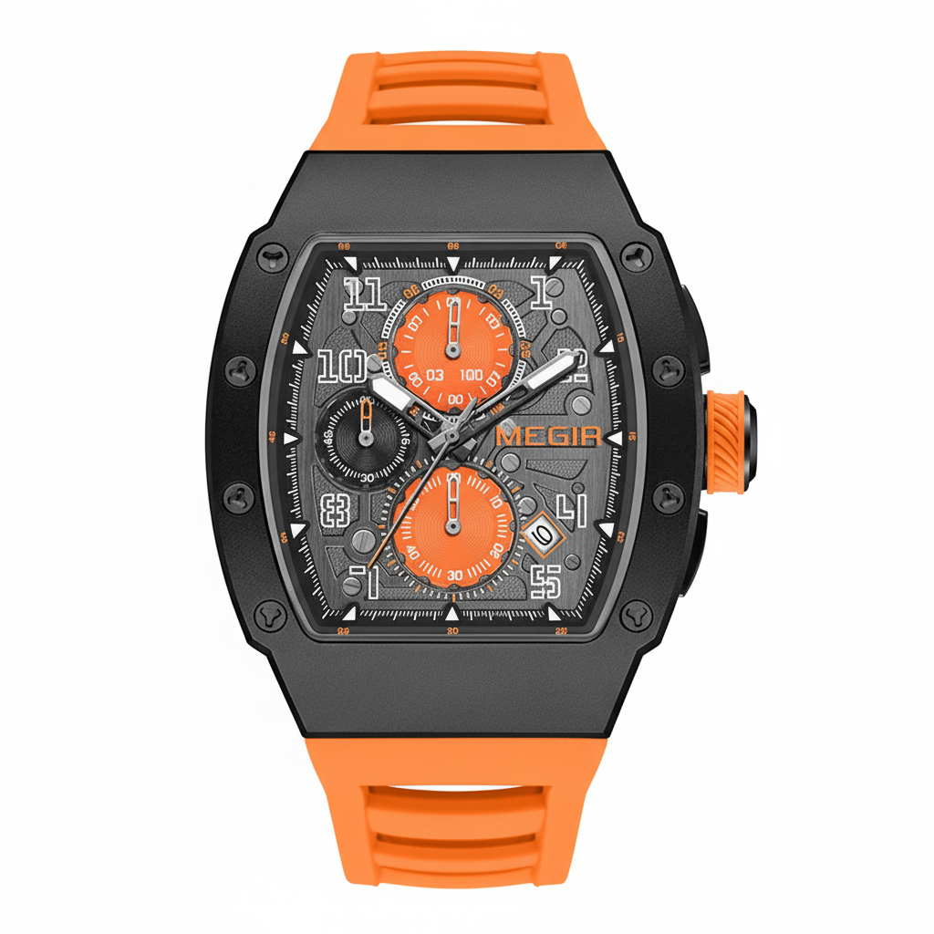 MEGIR chronograph watch with grey skeleton dial and orange silicone strap front view