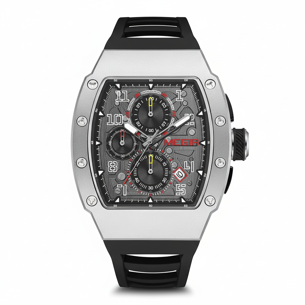 MEGIR chronograph watch with silver case grey skeleton dial and black silicone strap