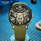 MEGIR mens chronograph quartz sport watch with green skeleton dial and gold numerals