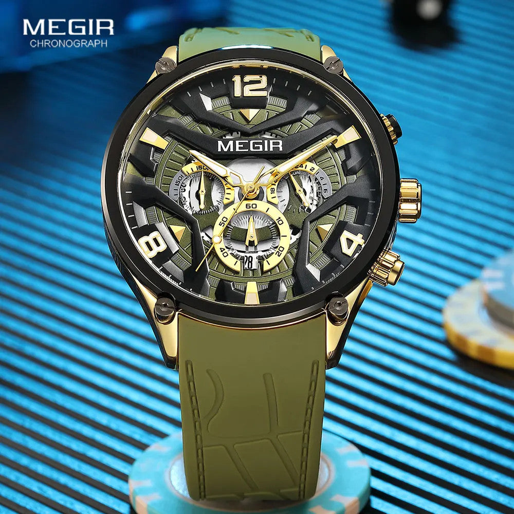 MEGIR mens chronograph quartz sport watch with green skeleton dial and gold numerals