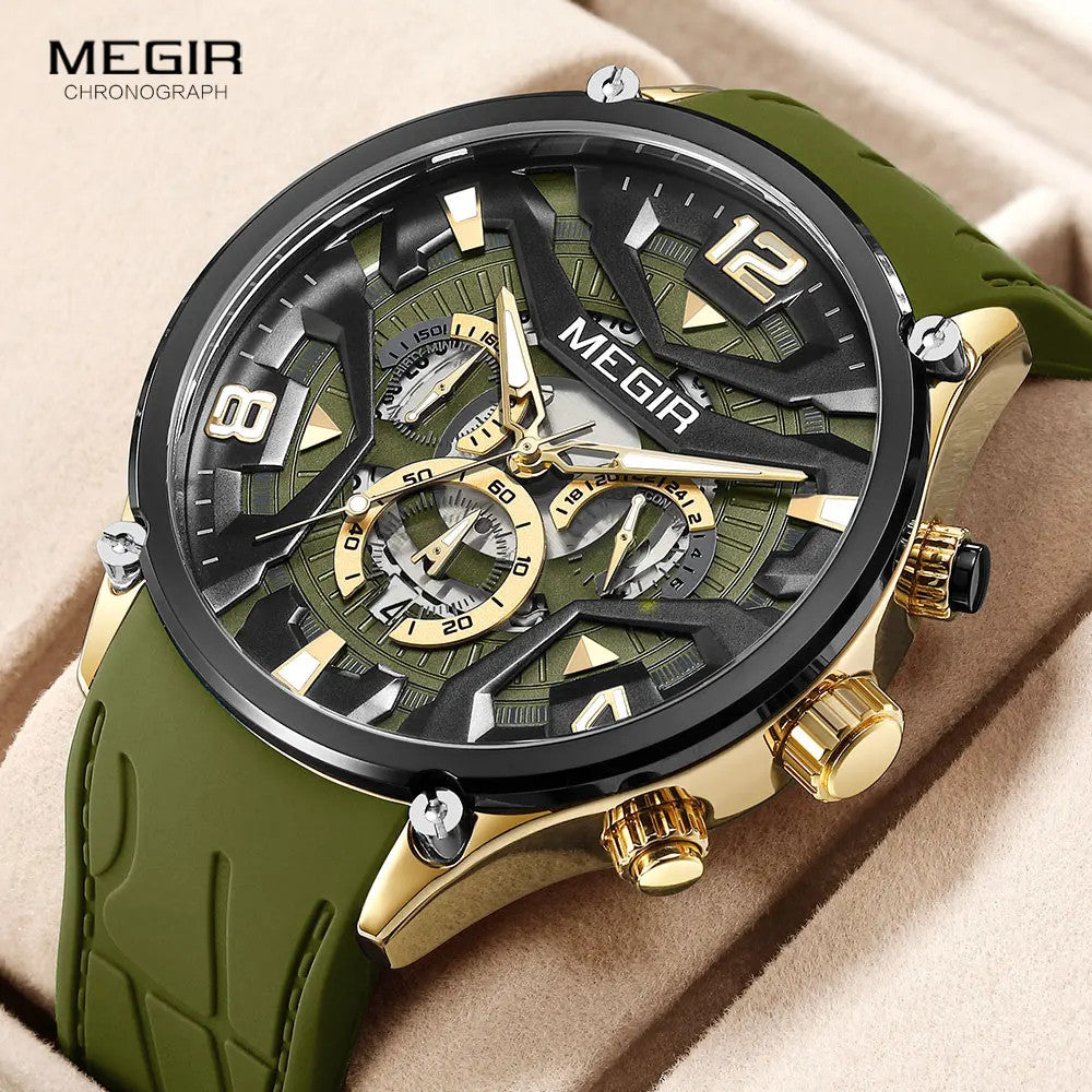 MEGIR mens chronograph quartz sport watch with green skeleton dial and gold accents