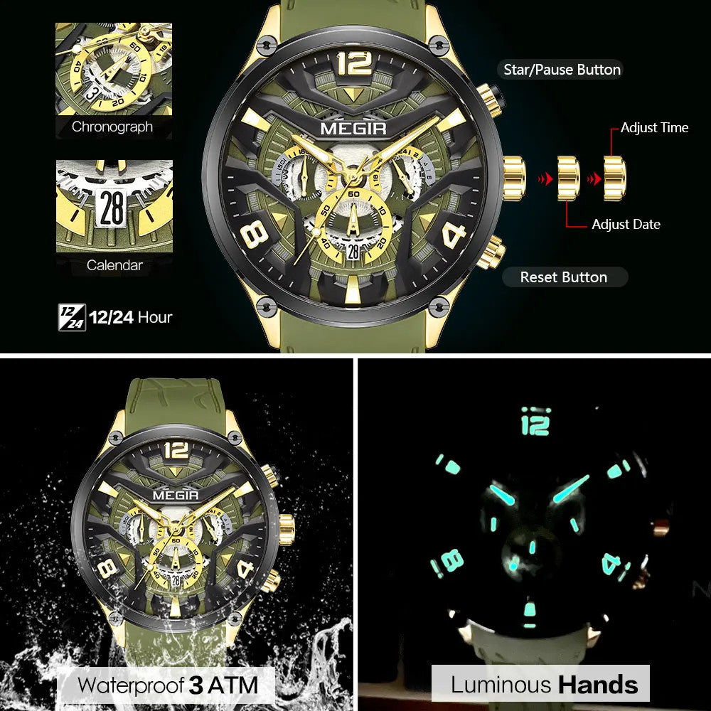 MEGIR chronograph quartz sport watch specifications with chronograph, calendar, and luminous hands