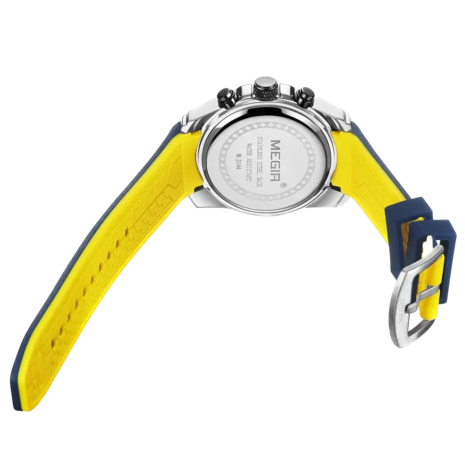 MEGIR MN2144GS men's watch caseback with stainless steel back and yellow blue silicone strap