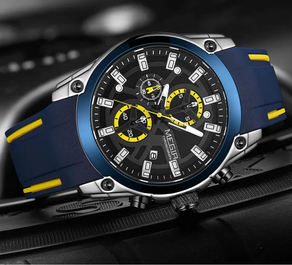 MEGIR MN2144GS chronograph men's watch with blue dial and yellow accents