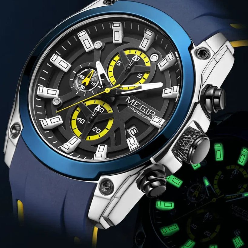 MEGIR MN2144GS chronograph watch with black dial and blue strap shown in close-up detail