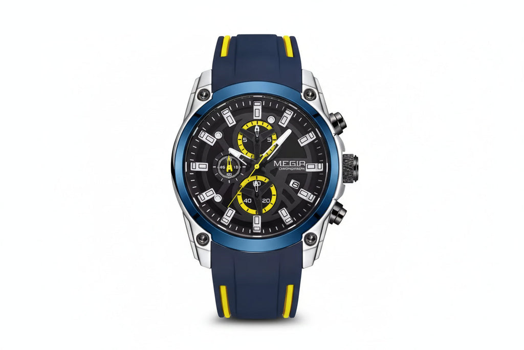 MEGIR MN2144GS chronograph watch with black dial, blue bezel and blue silicone strap, front view