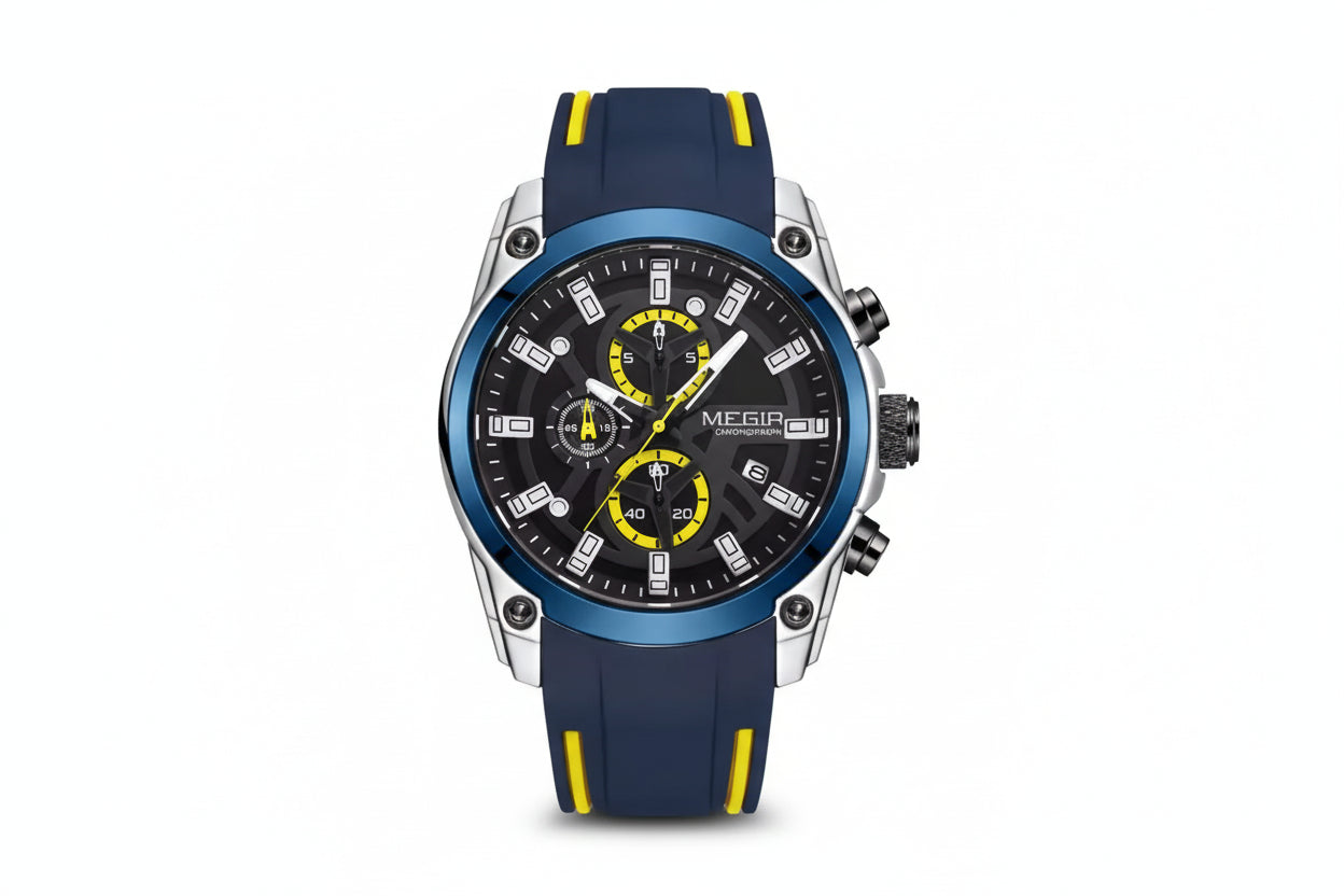 MEGIR MN2144GS chronograph watch with black dial, blue bezel and blue silicone strap, front view