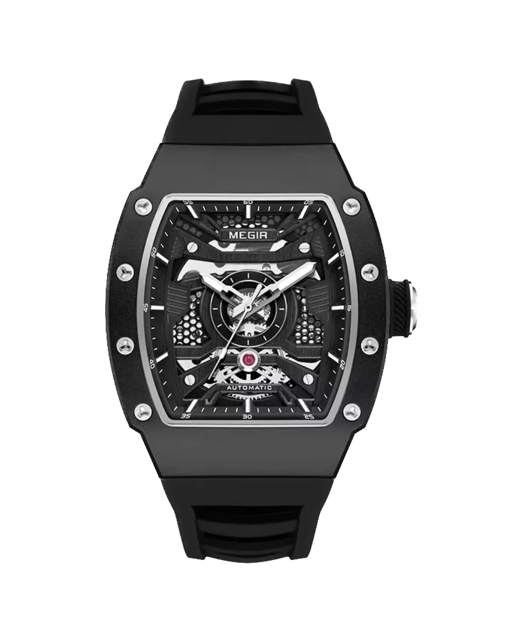 MEGIR MN8603GWE-7 automatic skeleton tonneau watch with black case and black strap, front view