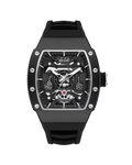 MEGIR MN8603GWE-7 automatic skeleton tonneau watch with black case and black strap, front view