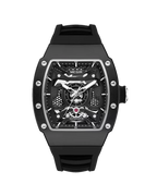 MEGIR MN8603GWE-7 automatic skeleton tonneau watch with black case and black strap, front view