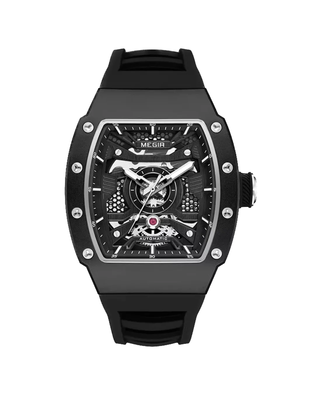 MEGIR MN8603GWE-7 automatic skeleton tonneau watch with black case and black strap, front view
