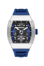 MEGIR MN8603GWE-7 automatic skeleton tonneau watch with blue dial and blue silicone strap, front