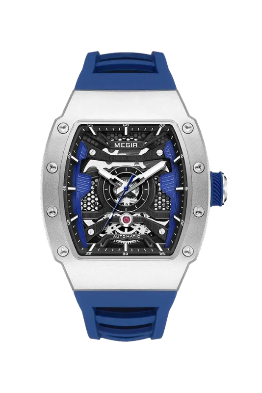 MEGIR MN8603GWE-7 automatic skeleton tonneau watch with blue dial and blue silicone strap, front