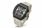 MEGIR MN8603GWE-7 automatic skeleton tonneau watch with black case and cream strap, angled view