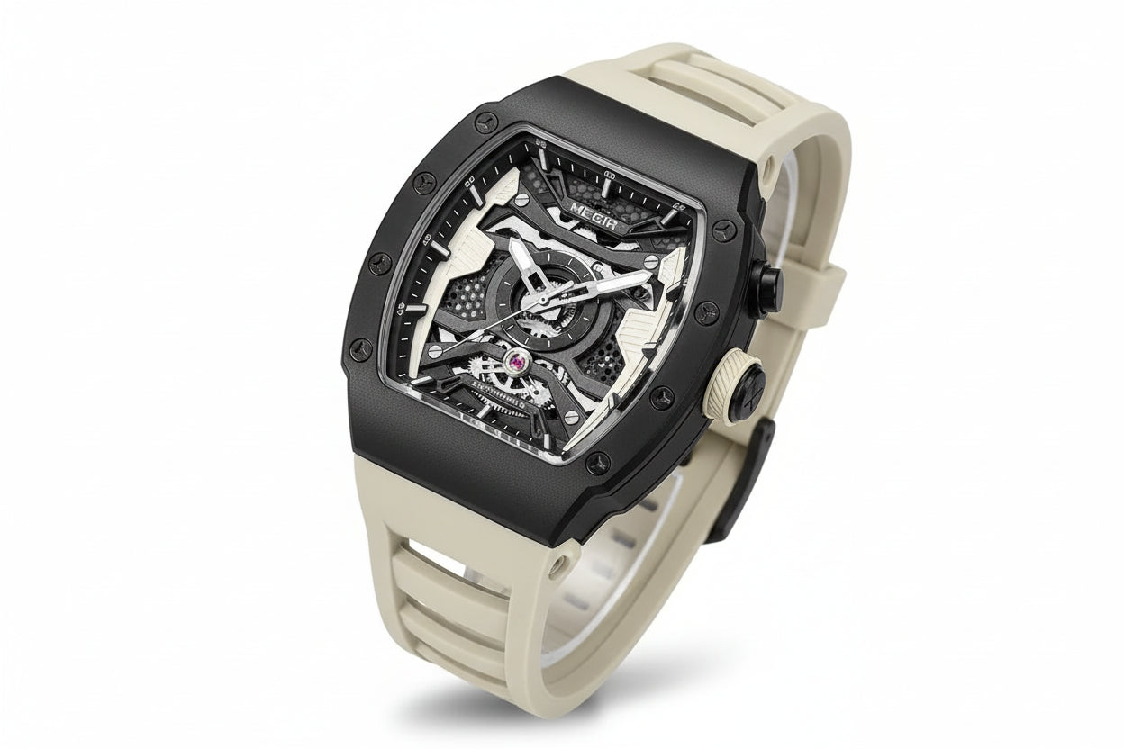 MEGIR MN8603GWE-7 automatic skeleton tonneau watch with black case and cream strap, angled view