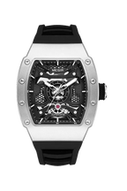 MEGIR MN8603GWE-7 automatic skeleton tonneau watch with silver case and black strap, front view