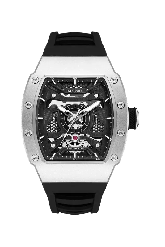 MEGIR MN8603GWE-7 automatic skeleton tonneau watch with silver case and black strap, front view