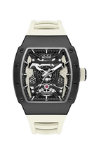 MEGIR MN8603GWE-7 automatic skeleton tonneau watch with black case and cream strap, front view