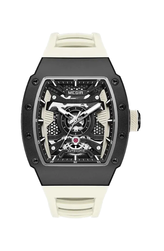 MEGIR MN8603GWE-7 automatic skeleton tonneau watch with black case and cream strap, front view