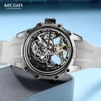 MEGIR men's skeleton automatic tourbillon watch with white strap dial-facing front view