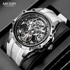 MEGIR men's skeleton dial automatic tourbillon watch with white silicone strap