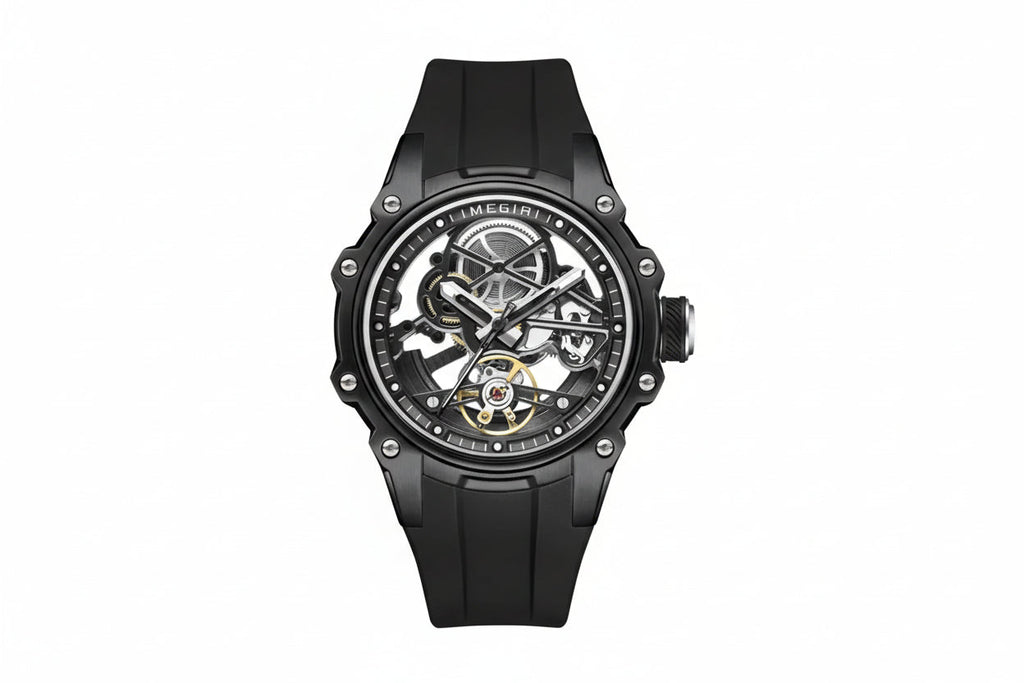 MEGIR skeleton automatic watch with open dial, all-black case and strap, front view