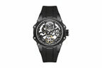 MEGIR skeleton automatic watch with open dial, all-black case and strap, front view