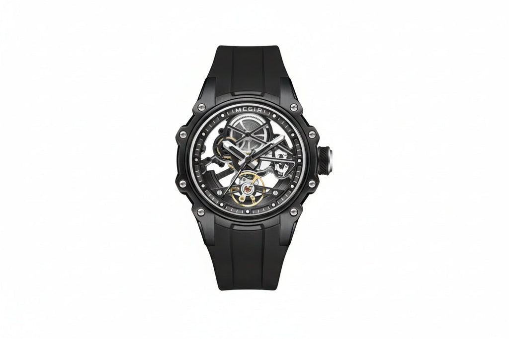 MEGIR skeleton automatic watch with open dial, black case and black silicone strap, front view