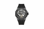 MEGIR skeleton automatic watch with open dial, black case and black silicone strap, front view