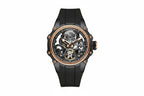 MEGIR skeleton automatic watch with open dial, black case and rose gold bezel, front view