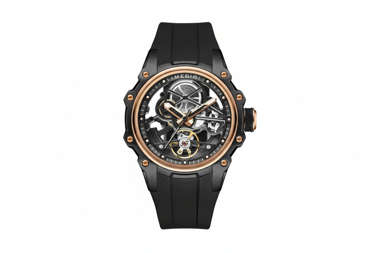 MEGIR skeleton automatic watch with open dial, black case and rose gold bezel, front view