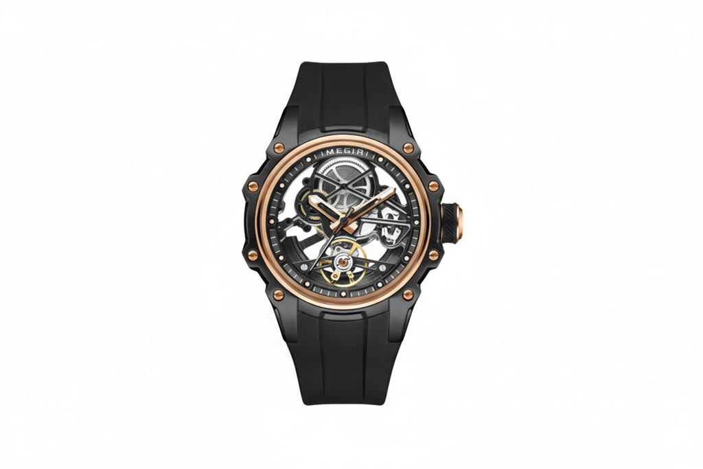 MEGIR skeleton automatic watch with open dial, black case and rose gold bezel, front view