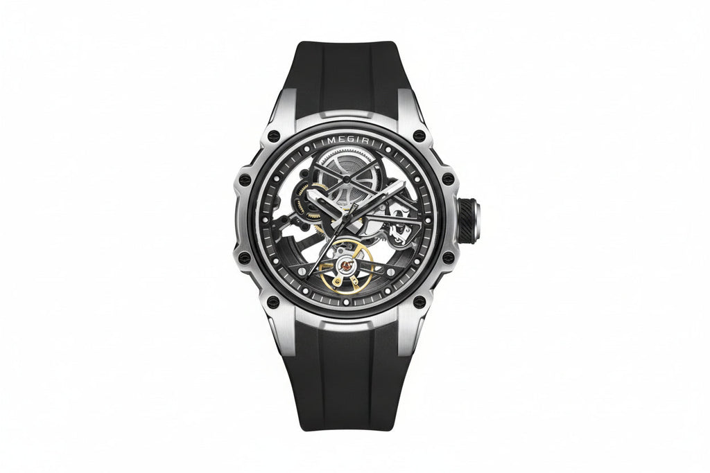 MEGIR skeleton automatic watch with open dial, silver case and black strap, front view