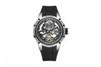 MEGIR skeleton automatic watch with open dial, silver case and black strap, front view