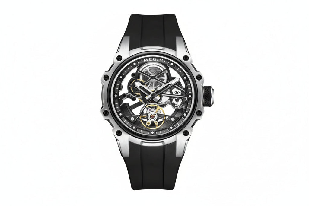MEGIR skeleton automatic watch with open dial, silver case and black silicone strap, front view