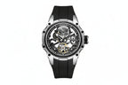 MEGIR skeleton automatic watch with open dial, silver case and black silicone strap, front view