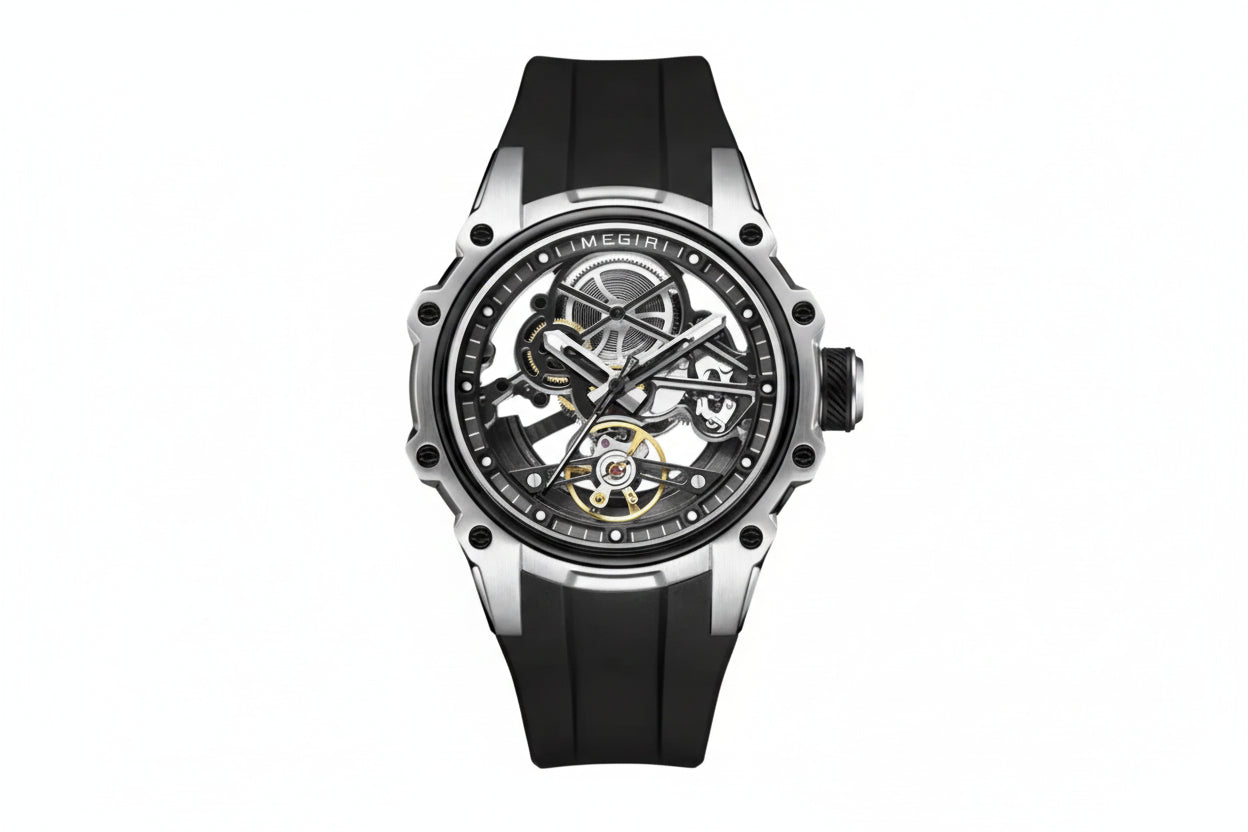 MEGIR skeleton automatic watch with open dial, silver case and black silicone strap, front view