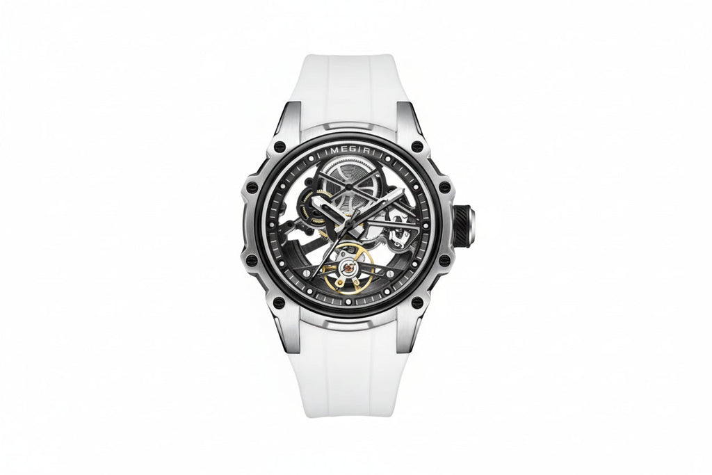 MEGIR skeleton automatic watch with open dial, silver case and white silicone strap, front view
