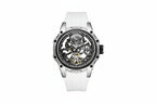 MEGIR skeleton automatic watch with open dial, silver case and white silicone strap, front view