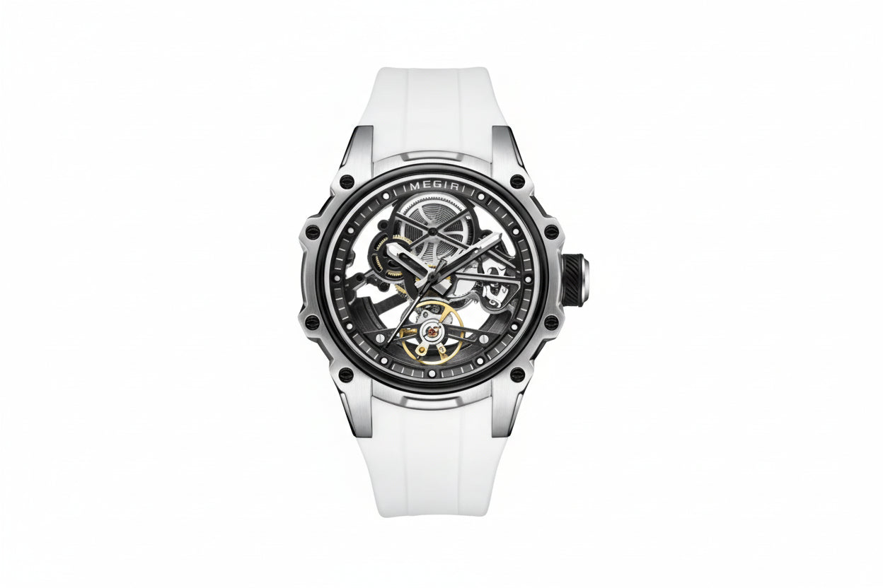 MEGIR skeleton automatic watch with open dial, silver case and white silicone strap, front view