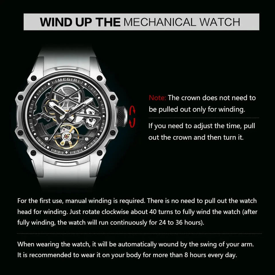 MEGIR skeleton automatic watch winding instructions graphic with silver case variant shown