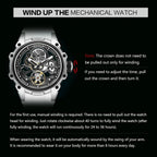 MEGIR skeleton automatic watch winding instructions graphic with silver case variant shown