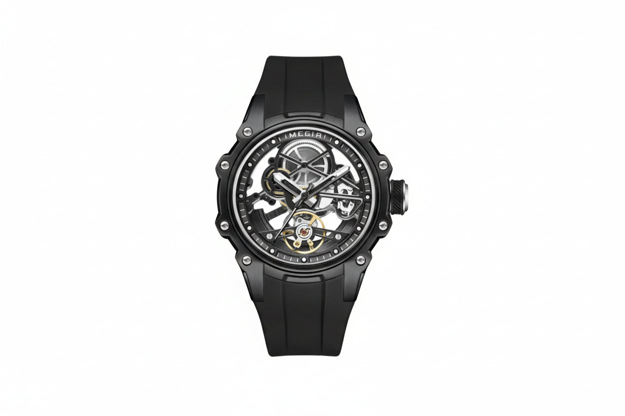 MEGIR Men's Skeleton Dial Automatic Watch with black box dial, angled view