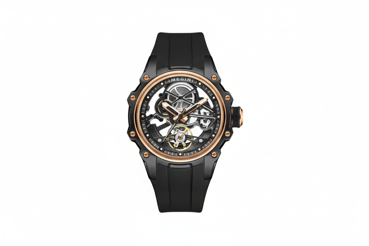MEGIR Men's Skeleton Dial Automatic Watch with black rose box dial
