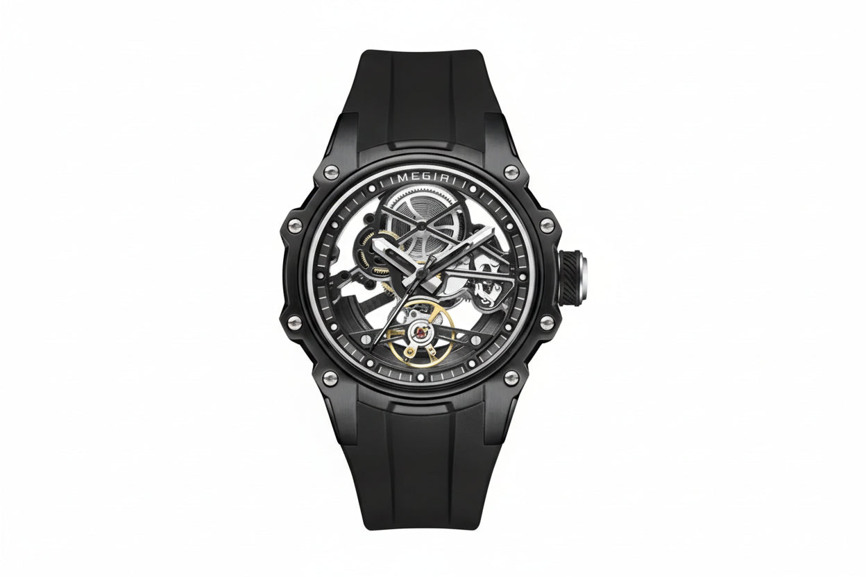 MEGIR Men's Skeleton Dial Automatic Watch with black dial, side view