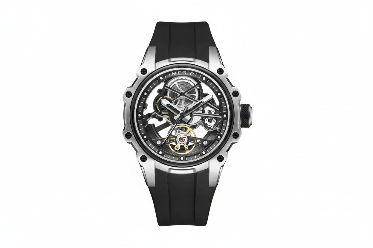 MEGIR Men's Skeleton Dial Automatic Watch with silver dial, caseback view