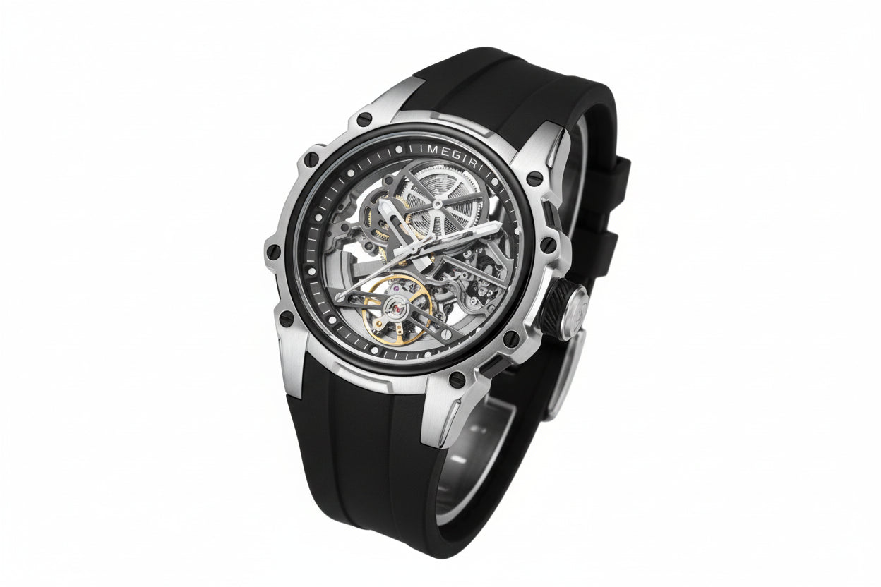 MEGIR Men's Skeleton Dial Automatic Watch with white black dial, lifestyle shot